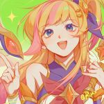  1girl :d absurdres bangs bare blonde_hair blue_eyes blush bow bowtie covered_collarbone detached_sleeves gradient gradient_background green_background hair_ornament highres holding holding_staff index_finger_raised league_of_legends long_hair nail_polish orange_nails pink_bow pink_bowtie pink_hair ruan_chen_yue side_ponytail smile solo staff star_guardian_(league_of_legends) teeth upper_teeth 