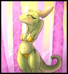  amber_(squablodecomplash) anthro belly bikini blush blush_lines breasts brown_horn clothing collar eyelashes eyes_closed female green_body green_scales horn horn_markings kobold markings multicolored_body multicolored_scales navel orange_clothing scales scalie seashell shell solo squablodecomplash swimwear tail_markings thick_thighs two_tone_body two_tone_scales two_tone_tail underwear yellow_clothing 