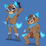  4_fingers anthro armor armpit_hair balls blue_background blue_clothing blue_eyes blue_underwear blush body_hair boots brown_body brown_fur bulge clothing digital_media_(artwork) facial_markings feet fingers footwear foreskin fur gauntlets genitals gloves glowing glowing_tail hand_on_own_knee handwear hatakerub head_markings hi_res holographic_ears holographic_tail kennen_(lol) league_of_legends looking_at_viewer male mammal markings mask mask_(marking) multiple_poses penis pose procyonid pubes raccoon riot_games scarf short_male simple_background sitting smile smiling_at_viewer solo standing teeth_showing underwear video_games yordle 