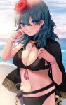  1girl absurdres adjusting_hair alternate_costume asada_sadao bangs beach bikini black_bikini black_cape black_swimsuit blue_eyes blue_hair blue_sky blush breasts byleth_(fire_emblem) byleth_(fire_emblem)_(female) byleth_(summer)_(fire_emblem)_(female) cape cleavage closed_mouth commentary_request day fire_emblem fire_emblem:_three_houses fire_emblem_heroes flower hair_between_eyes hair_flower hair_ornament hibiscus highres knife lips long_hair looking_at_viewer medium_breasts navel ocean official_alternate_costume pink_lips red_flower sand sheath sheathed sky smile solo stomach swimsuit water weapon 