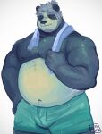  2022 anthro belly big_belly black_body bodily_fluids bottomwear bulge clothing eyes_closed giant_panda hi_res humanoid_hands male mammal musclegut navel nipples overweight overweight_male ruslorc shorts solo sweat towel towel_around_neck ursid white_body 