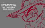  angry anthro clothing glare glaring grey_background hat headgear headwear helluva_boss hi_res imp looking_forward male outline red_outline scarf simple_background solo striker_(helluva_boss) teathekook text white_text 