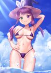  1girl arm_behind_head armpits ass_visible_through_thighs bangs bikini blush breasts breasts_apart closed_mouth cloud duel_monster green_eyes highres kuromiya_(def_lp) madolche_magileine micro_bikini navel ocean outdoors purple_bikini purple_eyes pussy pussy_peek skindentation sky smile solo sunlight swimsuit thigh_gap wading yu-gi-oh! 