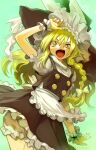  1girl :d absurdres blonde_hair bloomers braid eudetenis fang from_below green_background hat highres kirisame_marisa long_hair open_mouth skin_fang smile solo touhou underwear uneven_eyes witch_hat wrist_cuffs yellow_eyes 