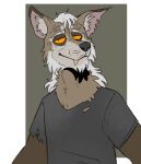  anthro black_clothing black_nose black_shirt black_t-shirt black_topwear brown_body brown_ears brown_fur canid canine cheek_tuft chin_tuft clothed clothing dipstick_ears facial_tuft fangs front_view fur grey_inner_ear_fluff hair half-length_portrait hi_res imperatorcaesar inner_ear_fluff male mammal multicolored_ears narrowed_eyes neck_tuft pink_inner_ear portrait shirt simple_background solo t-shirt tan_teeth topwear tuft white_hair 