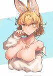  1girl animal_costume animal_ear_fluff animal_ears blonde_hair blush breasts cat_ears cat_girl choker closed_mouth highres huge_breasts iparupua kemono_friends large_breasts looking_at_viewer serval_(kemono_friends) shirt short_hair simple_background solo white_shirt yellow_eyes 