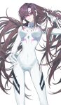  1girl bangs blood blood_on_hands blue_eyes bodysuit breasts brown_hair closed_mouth covered_navel evangelion:_3.0+1.0_thrice_upon_a_time glasses hairband hand_in_own_hair hand_on_hip highres inuyama_(inuhill) long_hair makinami_mari_illustrious medium_breasts neon_genesis_evangelion plugsuit rebuild_of_evangelion red-framed_eyewear solo twintails white_bodysuit 