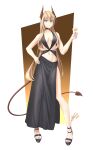  1girl arazand black_dress black_footwear blonde_hair blue_eyes breasts cleavage cleavage_cutout clothing_cutout cup demon_horns demon_tail dress drinking_glass hand_on_hip high_heels highres holding holding_cup horns long_hair midriff navel original tail wine_glass 
