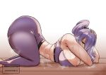  1girl absurdres ass breasts camilla_(fire_emblem) fire_emblem fire_emblem_fates hair_over_one_eye highres huge_breasts looking_at_viewer lying on_stomach plump ponytail purple_eyes purple_hair purple_nails sakiyume11 solo sports_bra sportswear steam sweat sweatdrop 