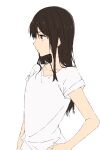  1girl bangs black_hair closed_mouth collarbone curecu8 expressionless hand_on_hip highres koe_no_katachi long_hair purple_eyes shirt short_sleeves simple_background solo t-shirt ueno_naoka white_background white_shirt 