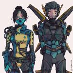  2girls ^_^ apex_legends armor bangs black_hair blue_bodysuit blue_eyeshadow bodysuit breastplate breasts cable closed_eyes depths_of_the_void_wraith eyeshadow grey_hair hair_bun head_tilt jetpack looking_at_viewer makeup mask medium_breasts missile_pod mouth_mask multiple_girls official_alternate_costume parted_bangs shikao_(shikaoyn) smile twitter_username valkyrie_(apex_legends) wraith_(apex_legends) 