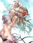  1girl absurdres artist_name bare_shoulders bikini black_bikini black_hairband black_swimsuit breasts clear_glass_(mildmild1311) closed_eyes cloud cloudy_sky corrin_(fire_emblem) corrin_(fire_emblem)_(female) cowboy_shot dutch_angle fire_emblem fire_emblem_cipher fire_emblem_fates flower grey_hair hair_lift hairband hand_in_own_hair hands_in_hair hands_up hibiscus highres large_breasts long_hair looking_up navel official_alternate_costume shell shell_bikini signature sky smile solo sunlight swimsuit 