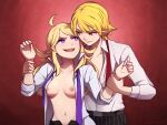  1boy 1girl ahoge artist_name blonde_hair breasts collarbone commentary cowboy_shot dress_shirt english_commentary fangs hair_flaps hetero holding_another&#039;s_wrist long_hair long_sleeves medium_breasts navel necktie nipples no_bra open_clothes open_mouth open_shirt original pants pointy_ears popped_collar purple_eyes purple_necktie red_eyes red_necktie shirt simple_background smile smirk speckticuls striped striped_pants undone_necktie velt vertical-striped_pants vertical_stripes wing_collar 