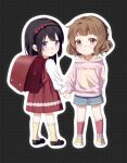  2girls :o backpack bag bangs black_footwear black_hair blue_shorts blush brown_eyes brown_hair closed_mouth denim denim_shorts dress fufu_060211 hibike!_euphonium highres holding_hands hood hoodie kousaka_reina long_hair long_sleeves looking_at_viewer multiple_girls oumae_kumiko parted_lips pink_hoodie purple_eyes red_bag red_dress red_socks shirt shoes short_hair shorts sleeveless sleeveless_dress smile socks standing white_shirt yellow_footwear yellow_socks younger 