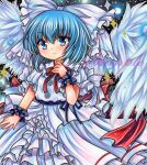  1girl bangs black_ribbon black_wrist_cuffs blue_eyes blue_hair blush bow buttons closed_mouth cowboy_shot dress feathered_wings frilled_bow frilled_cuffs frilled_dress frills hair_between_eyes hair_bow hand_up looking_at_viewer mai_(touhou) marker_(medium) neck_ribbon puffy_short_sleeves puffy_sleeves red_ribbon ribbon rui_(sugar3) sample_watermark short_hair short_sleeves smile solo sparkle standing touhou touhou_(pc-98) traditional_media white_bow white_dress white_wings wings wrist_cuffs 