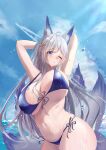  1girl absurdres ahoge animal_ears armpits arms_up azur_lane bangs bikini blue_bikini blue_eyes blue_sky blush breasts butterfly_hair_ornament chinese_commentary cloud curvy day fox_ears fox_tail hair_ornament highres large_breasts lens_flare long_hair navel noyuki_(3702) o-ring o-ring_bottom ocean one_eye_closed open_mouth outdoors shinano_(azur_lane) side-tie_bikini sky solo stomach swimsuit tail thick_thighs thighs underboob very_long_hair white_hair 