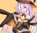  1girl ;d adult_neptune bare_shoulders black_gloves black_thighhighs blush bow bowtie breasts candy cleavage detached_collar dress food frilled_dress frills gloves halloween hands_up hat head_tilt highres holding holding_candy holding_food holding_lollipop knees_together_feet_apart legs_up lollipop long_hair looking_at_viewer lying medium_breasts moya_44444 neptune_(series) on_back one_eye_closed pumpkin_hat_ornament purple_eyes purple_hair sleeveless sleeveless_dress smile solo striped striped_bow striped_bowtie striped_legwear teeth thighhighs thighs upper_teeth v vertical-striped_legwear vertical_stripes very_long_hair witch witch_hat 