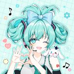  1girl ;d bangs beamed_eighth_notes black_sleeves blue_bow bow cinnamiku cinnamoroll collared_shirt commentary crown detached_sleeves eighth_note frilled_shirt frilled_shirt_collar frills green_eyes green_hair hair_between_eyes hair_bow hands_up hatsune_miku heart heart_hands long_sleeves mamel_27 mini_crown musical_note one_eye_closed outline shirt sleeveless sleeveless_shirt smile solo star_(symbol) symbol-only_commentary upper_body vocaloid white_outline white_shirt wide_sleeves 