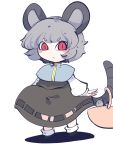  1girl animal animal_ears basket black_dress blue_capelet blush_stickers capelet closed_mouth dress fried_rice0614 full_body grey_hair highres long_sleeves mouse mouse_ears mouse_tail nazrin one-hour_drawing_challenge red_eyes short_hair simple_background solo tail touhou white_background 