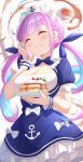  1girl :t absurdres bangs blue_dress blue_hair blue_nails blunt_bangs blush breasts cleavage closed_eyes closed_mouth colored_inner_hair cup dress drill_hair food food_on_face fork frilled_dress frills hand_on_own_cheek hand_on_own_face highres holding holding_fork holding_plate hololive keikei_(kitty_colors) large_breasts long_hair minato_aqua multicolored_hair nail_polish pink_hair plate puffy_short_sleeves puffy_sleeves saucer short_sleeves solo tea teacup teapot twin_drills twintails very_long_hair virtual_youtuber wrist_cuffs 