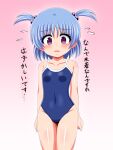  1girl blue_hair blue_swimsuit breasts collarbone commentary_request competition_school_swimsuit cowboy_shot embarrassed flying_sweatdrops hair_bobbles hair_ornament looking_at_viewer original purple_eyes school_swimsuit short_hair small_breasts solo standing swimsuit translation_request twintails yaeba 