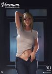  1girl arm_behind_head arm_up artmancer aya_brea blonde_hair blue_eyes breasts contrapposto denim fingernails highres jeans linea_alba lips looking_at_viewer makeup mascara medium_breasts medium_hair navel nose open_fly pants parasite_eve pinup_(style) shirt solo standing t-shirt taut_clothes taut_shirt toned white_shirt 