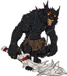  3_toes 4_fingers anthro black_body black_fur canid canine canis chain demon feet fingers fur halloweek hi_res male mammal samael_(mick-fries) scar solo toes wolf yellow_eyes ziegelzeig 