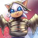  &lt;3 anthro big_breasts blue_eyes blue_eyeshadow breasts chiropteran eyeshadow female hi_res looking_at_viewer makeup mammal mummy_costume red_background rouge_the_bat sega simple_background skai_art solo sonic_the_hedgehog_(series) tan_body tan_skin wings 