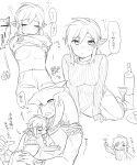  1boy 1girl alcohol ass bangs blush bottle breasts from_side genderswap genderswap_(mtf) glass greyscale hand_up highres holding hug large_breasts link long_hair monochrome nipples pants pointy_ears ponytail sidon speech_bubble sweat sweater the_legend_of_zelda the_legend_of_zelda:_breath_of_the_wild translation_request ttanuu. undressing zora 