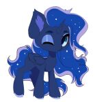  blue_body blue_fur blue_hair chibi ear_tuft equid equine eyebrows eyelashes female feral friendship_is_magic fur hair hasbro hi_res hooves horn inner_ear_fluff mammal my_little_pony one_eye_closed princess_luna_(mlp) tuft winged_unicorn wings xsatanielx 