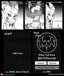  2018 anthro button_(disambiguation) canid canine canis clothing collar comic computer computer_screen duo ear_piercing ear_ring english_text female fur giraffe giraffid hair hi_res horn hybrid icon if_hell_had_a_taste jackal laptop male mammal mona_l&#039;arc monochrome open_mouth piercing ponytail ring_piercing scales scar shirt skylar_fidchell sound_effects spots spotted_body spotted_fur text topwear url viroveteruscy 