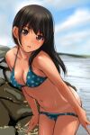  1girl absurdres bangs bikini black_hair blue_sky blush breasts brown_eyes cleavage collarbone commentary_request full-face_blush highres long_hair looking_at_viewer matsunaga_kouyou navel ocean original polka_dot polka_dot_bikini pov rock sky smile solo standing swimsuit tan tanlines undressing wet 