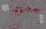  absurd_res anthro avian bird blush crown duo embarrassed eye_contact eyes_closed female grey_background hair helluva_boss hi_res long_hair looking_at_another male outline owl owl_demon paimon_(helluva_boss) red_outline simple_background teathekook text white_text 