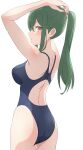 1girl absurdres ass blue_swimsuit camui1104 competition_swimsuit cowboy_shot crusch_karsten from_behind green_hair highres holding holding_hair long_hair looking_at_viewer one-piece_swimsuit ponytail re:zero_kara_hajimeru_isekai_seikatsu simple_background solo standing swimsuit white_background yellow_eyes 