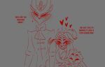  anthro avian bird blush crown embarrassed eyes_closed female grey_background group hair helluva_boss hi_res laugh long_hair looking_down male owl owl_demon paimon_(helluva_boss) red_text simple_background smile stolas_(helluva_boss) teathekook text trio 