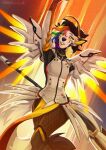  2022 anthro black_hair breasts canid canine clothed clothing digital_media_(artwork) female hair kammi-lu mammal multicolored_hair orange_eyes rainbow_hair solo wings 