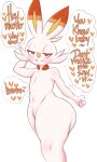  2021 absurd_res anthro blush dialogue english_text female genitals gesture hi_res looking_at_viewer navel nintendo nude orange_eyes orange_text pink_nose pok&eacute;mon pok&eacute;mon_(species) pussy saltyxodium scorbunny smile solo suggestive suggestive_gesture text video_games 