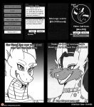  2018 anthro canid canine canis chat_box clothing collar comic computer_screen duo ear_piercing ear_ring english_text female fur giraffe giraffid hair hi_res horn hybrid icon if_hell_had_a_taste jackal male mammal message mona_l&#039;arc monochrome open_mouth piercing ponytail ring_piercing scales scar shirt skylar_fidchell sound_effects spots spotted_body spotted_fur text topwear viroveteruscy 