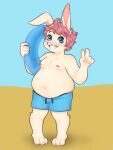  ahoge anthro beach belly clothing floatie floppy_ears hair hare hi_res joshie_(calahootheyeen) lagomorph leporid male mammal moobs nipples overweight overweight_male patterned_clothing pink_hair rabbit sand seaside slightly_chubby smile solo swimming_trunks swimwear vicky_art whiskers 