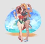  1girl 2girls bangs bare_shoulders beach black_hair blush breasts cleavage dark-skinned_female dark_skin green_eyes high_heels highres large_breasts makeup multicolored_hair multiple_girls navel nyantcha one-piece_swimsuit open_mouth original shiny shiny_skin short_hair split-color_hair swimsuit thick_thighs thighs two-tone_hair white_hair yorra_villeneuve 