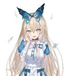  1girl alice_(grimlight) apron bandaged_arm bandages bandaid bandaid_on_hand bangs belt blonde_hair blue_bow blue_bowtie blue_choker blue_dress blue_eyes blue_hairband blush bow bowtie breasts butterfly_hair_ornament butterfly_wings buttons card choker collared_dress dress dress_bow eyes_visible_through_hair fingernails grimlight hair_between_eyes hair_ornament hairband hand_on_own_face hand_up heart heart_in_eye highres long_fingernails long_hair looking_to_the_side medium_breasts multicolored_bow multicolored_bowtie multicolored_eyes nail_polish open_mouth pink_bow pink_bowtie pink_eyes pink_nails playing_card raurashun simple_background smile solo standing striped striped_bow striped_bowtie symbol_in_eye teeth tongue white_apron white_background white_belt white_bow white_bowtie wings 