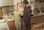  1boy 1girl absurdres black_hair feeding from_behind green_eyes grey_pants grey_shirt hairband haruno_sakura highres indoors kitchen long_sleeves medium_hair naruto_(series) niku_(ni23ku) open_mouth pants pink_hair profile red_hairband rinnegan shirt short_hair smile sweater twitter_username uchiha_sasuke white_pants yellow_sweater 