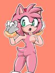  amy_rose anthro blush bodily_fluids breasts butt eulipotyphlan female genital_fluids genitals hedgehog hi_res looking_back mammal nixtnya nude open_mouth orange_background pussy pussy_juice rear_view sega simple_background solo sonic_the_hedgehog_(series) surprise 