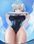  1girl absurdres animal_ear_fluff animal_ears bangs blue_archive blue_eyes blue_sky blue_swimsuit blush breasts clothes_lift competition_swimsuit covered_navel cross_hair_ornament english_commentary extra_ears feet_out_of_frame from_below gcg grey_hair hair_ornament hairclip halo highres large_breasts long_hair looking_at_viewer mismatched_pupils multicolored_clothes multicolored_swimsuit ocean official_alternate_costume on_water one-piece_swimsuit shiroko_(blue_archive) shiroko_(swimsuit)_(blue_archive) shirt shirt_lift sky solo standing summer swimsuit thighs water wet wet_clothes wet_swimsuit white_shirt wolf_ears 
