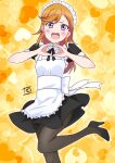  1girl :d alternate_costume apron bangs black_dress black_footwear black_pantyhose blush bow commentary_request dress enmaided eyebrows_hidden_by_hair foot_up heart heart_background heart_hands high_heels highres long_hair looking_at_viewer love_live! love_live!_superstar!! maid maid_headdress multiple_sources nervous_smile open_mouth orange_background orange_hair pantyhose partial_commentary puffy_short_sleeves puffy_sleeves purple_eyes shibuya_kanon short_dress short_sleeves signature smile solo split_mouth standing standing_on_one_leg swept_bangs v-shaped_eyebrows waist_bow white_bow zero-theme 