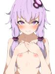  1girl :&gt; bangs blush bright_pupils closed_mouth collarbone completely_nude flat_chest hair_between_eyes hair_ornament hair_tubes hands_on_own_chest light_purple_hair linea_alba long_hair looking_at_viewer nipples nude own_hands_together purple_eyes rasusurasu simple_background solo straight_hair tsurime upper_body voiceroid white_background white_pupils yuzuki_yukari 