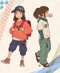  1girl backpack bag brown_hair chewing_gum hair_tie hands_in_pockets hat highres hood hoodie joutaro195 nail_polish ogino_chihiro patterned_background ponytail red_footwear sandals sen_to_chihiro_no_kamikakushi solo studio_ghibli sweatshirt white_background 