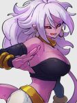  1girl android_21 bare_shoulders black_sclera black_sleeves breasts choker cleavage colored_sclera colored_skin detached_sleeves dragon_ball dragon_ball_fighterz earrings grey_background hair_between_eyes hoop_earrings jewelry kemachiku large_breasts long_hair looking_at_viewer majin_android_21 midriff navel open_mouth pink_skin red_eyes simple_background smile solo tail white_hair yellow_choker 