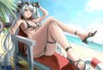  1girl absurdres ass bangs bikini blue_archive breasts cleavage crossed_legs eyes_visible_through_hair grey_hair high_heels highres holding iori_(blue_archive) iori_(swimsuit)_(blue_archive) legs megaphone open open_mouth red_eyes sandals swimsuit thighs toes twintails yato_(yama0x1) 