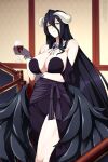  1girl albedo_(overlord) alcohol bare_shoulders black_dress black_hair black_wings breasts cleavage closed_mouth commission cup dress drinking_glass gloves hair_between_eyes highres holding holding_cup horns indoors large_breasts lindaroze long_hair overlord_(maruyama) smile solo standing thighs web_address wine wine_glass wings yellow_eyes 